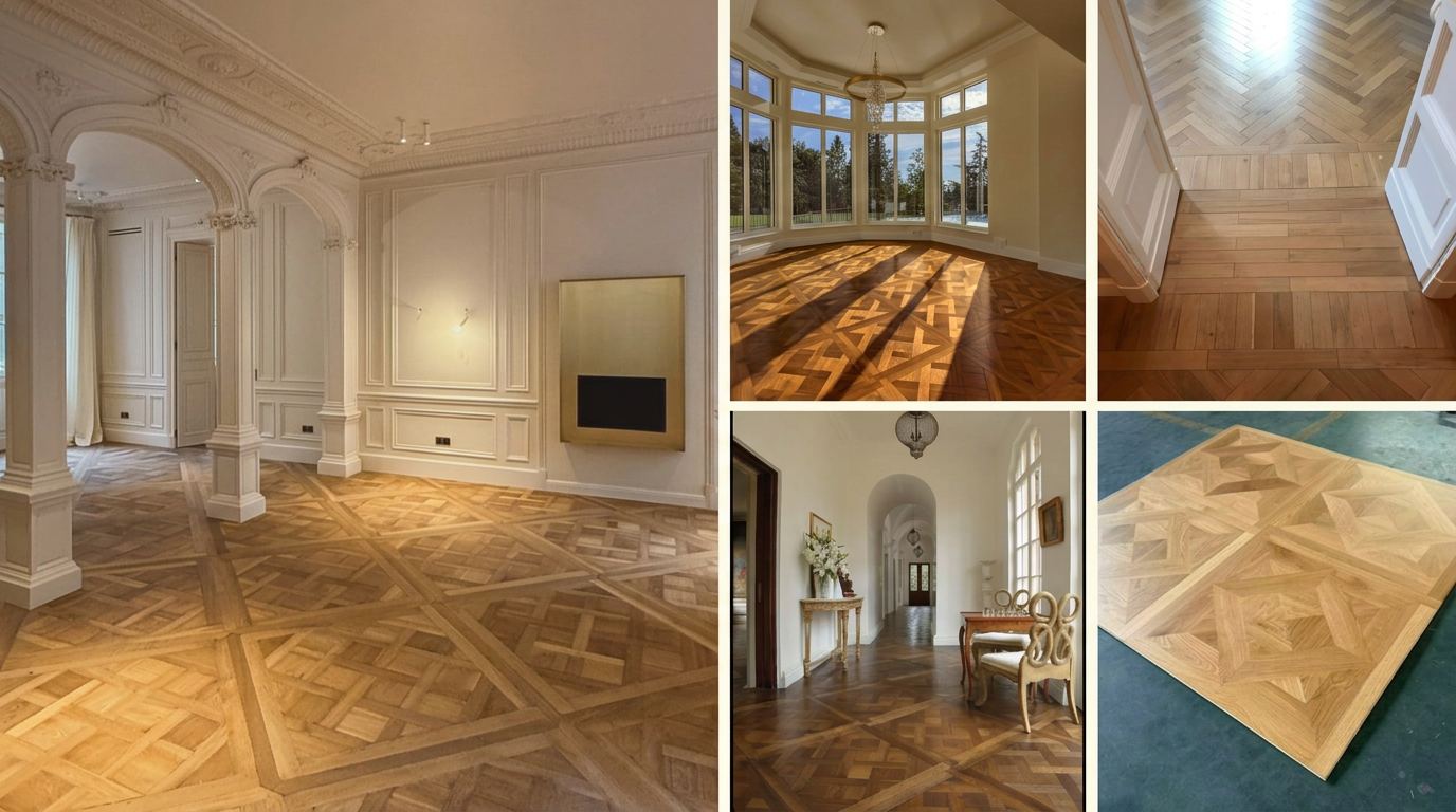 Collage af Versailles parket, stjerneparket og sildeben i klassiske rum