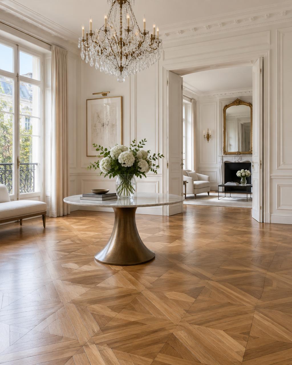 Illustration af lyst rum med Versailles-parket og krystallampe